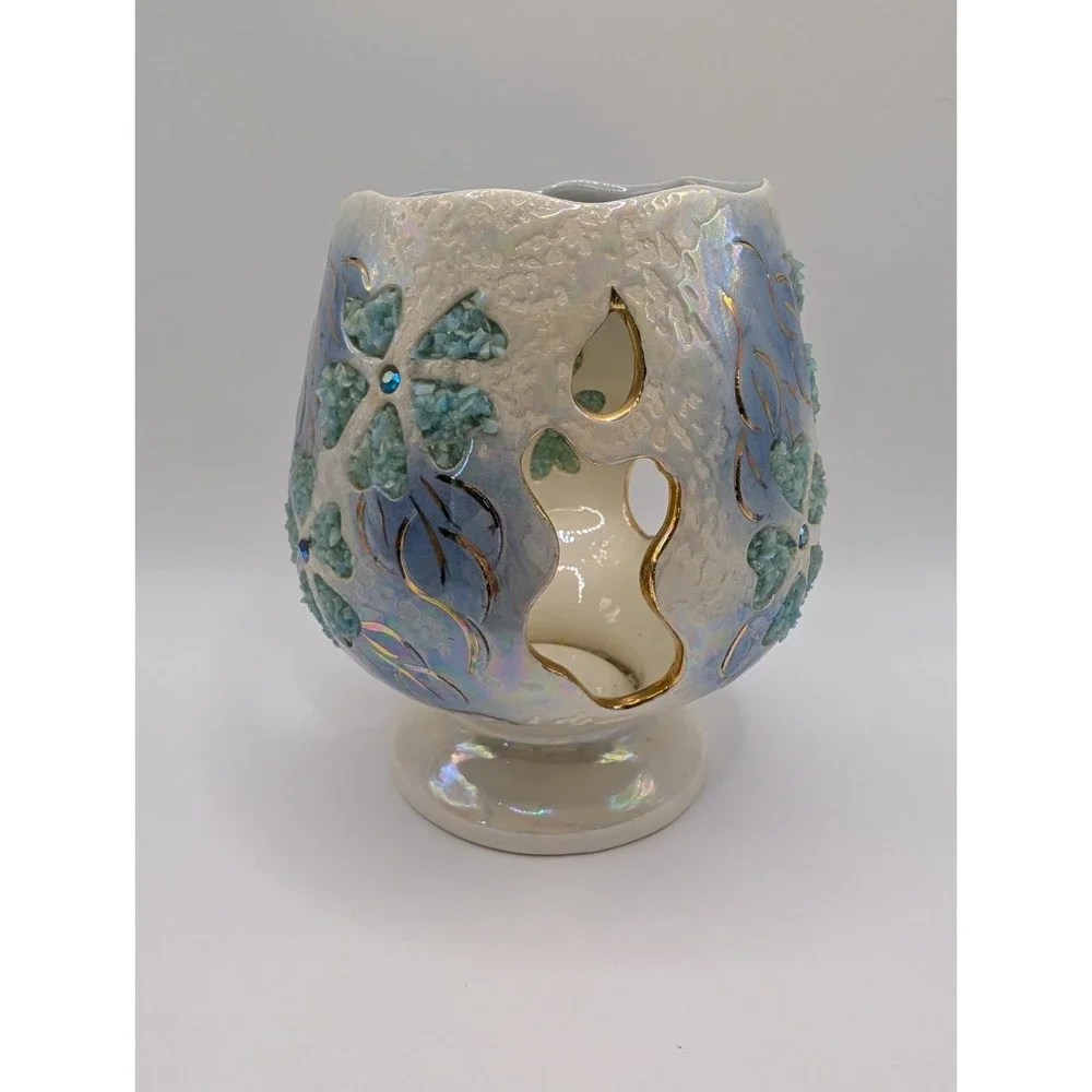 Iridescent Ceramic Tealight Candle Holder Blue Floral Rhinestone Pedestal Decor